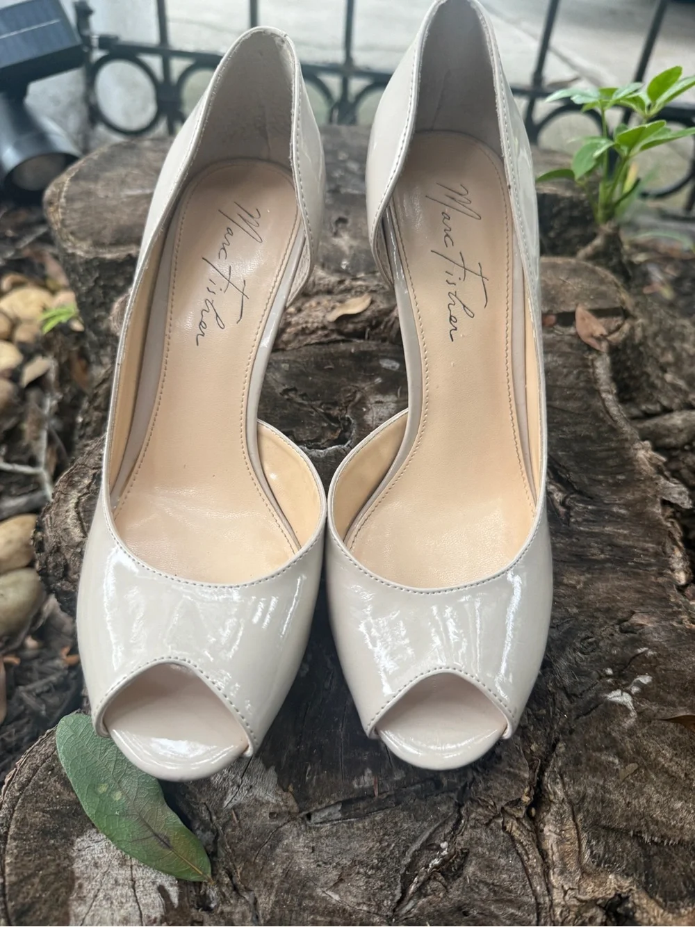 Marc Fisher Patent Open-Toe Pumps in Beige